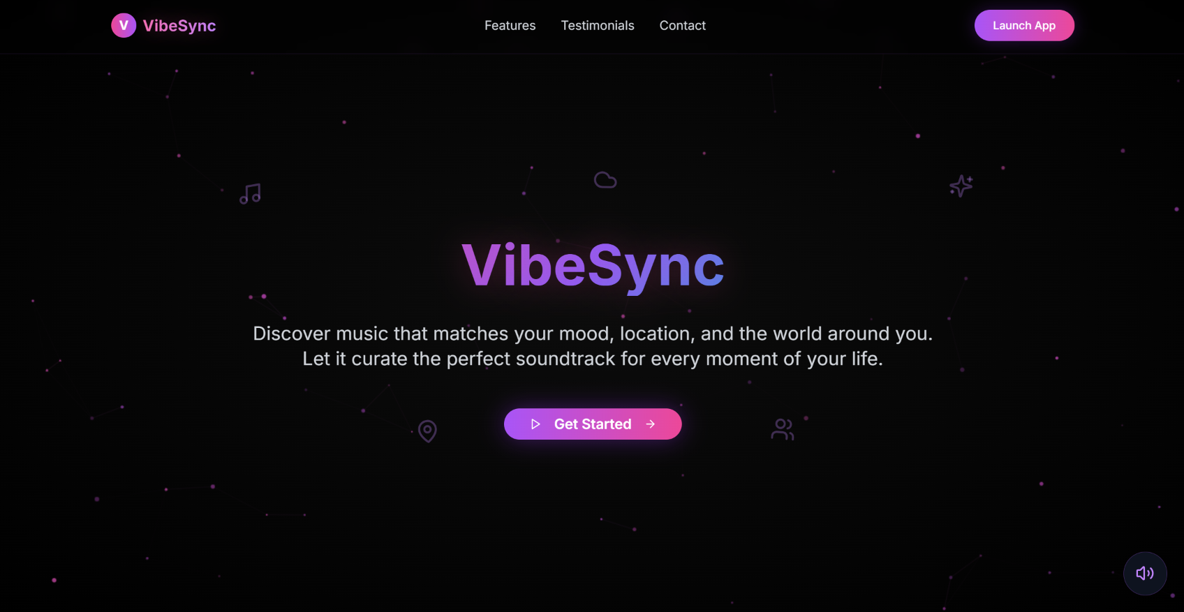 VibeSync music interface showing an audio waveform, mood dial, desktop player, and mobile app